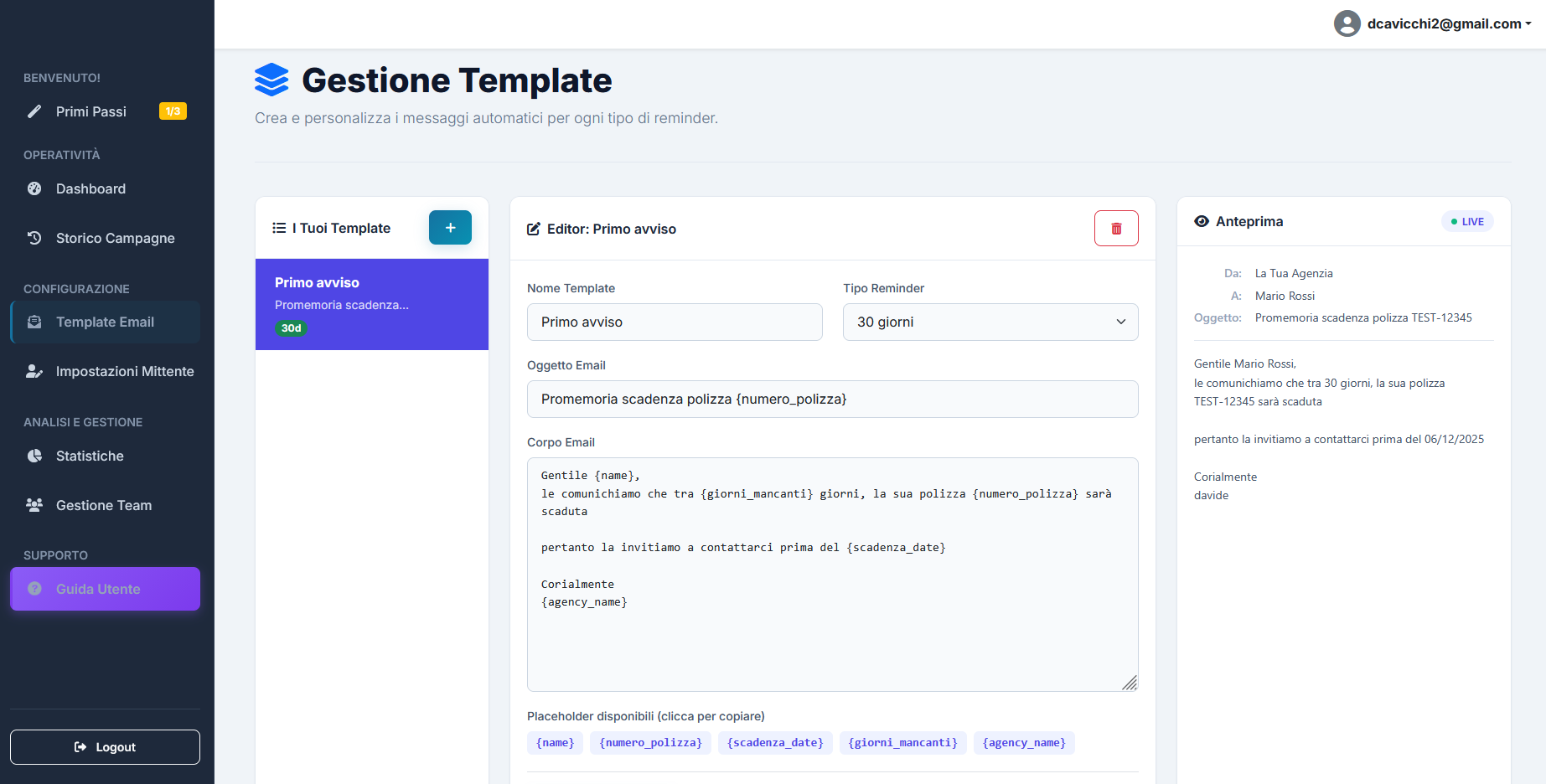 Configurazione template email reminder automatici