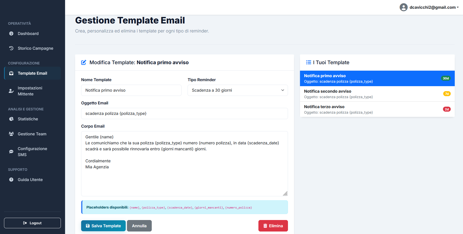 Editor template email promemoria